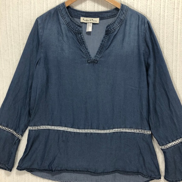 Madeline & Monroe Denim Peasant Top Long Sleeve V‎ Neck Blue Size 1X - Picture 1 of 7